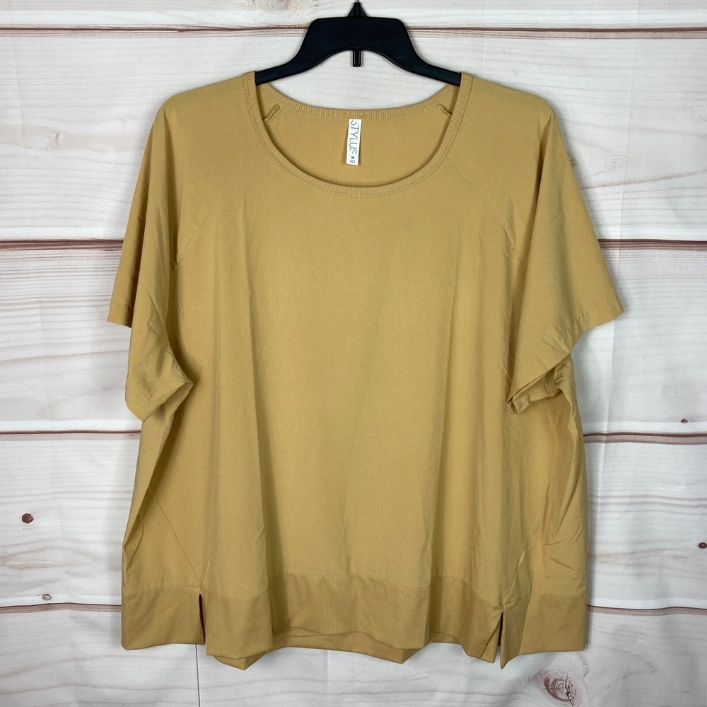 Stylus Top‎ Womens 3X Yellow Short Sleeve T-Shirt Round Neck Solid Woven Stretch